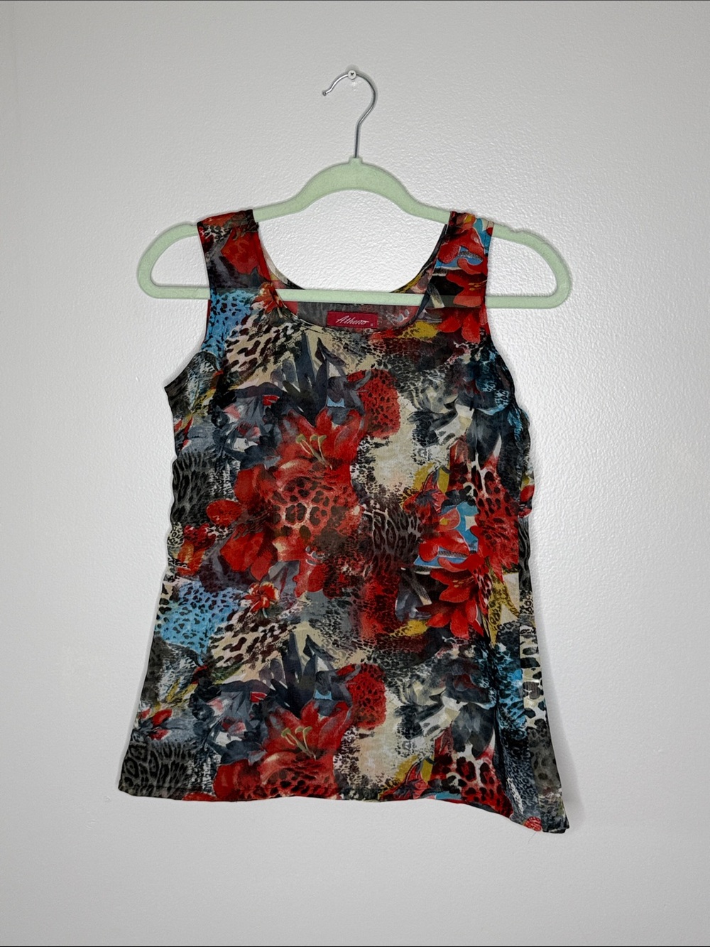 Athena Red Multi Floral & Animal Print Tank Semi Sheer Size Small